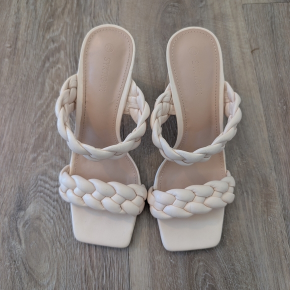 Women's Braided Heeled Sandals Backless Square Open Toe Block Slide Sandals - Picture 4 of 5